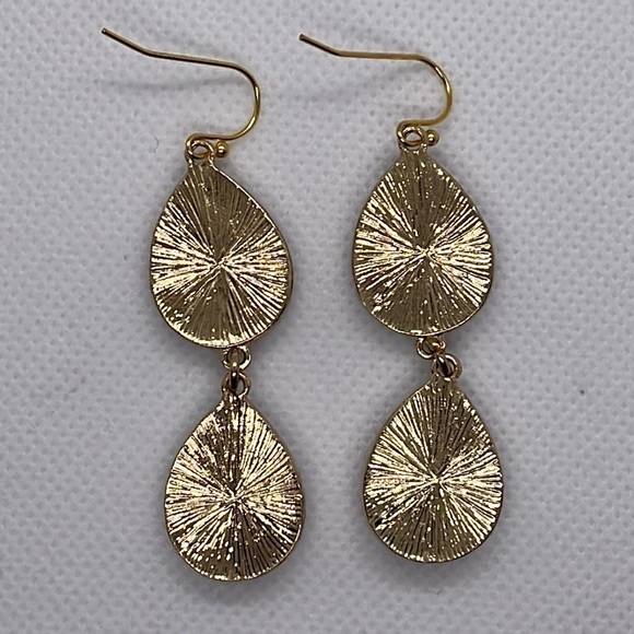 Red Pear Shape Two Tiered Drop Dangle Earrings with Rhinestone Paver Surrounding - Picture 2 of 4